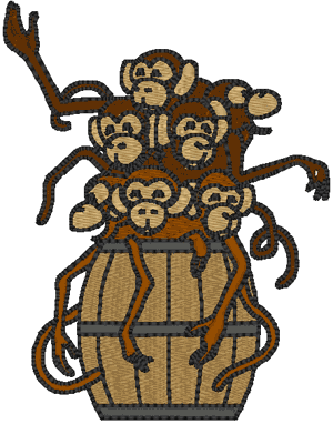Cartoon of monkeys in a barrel